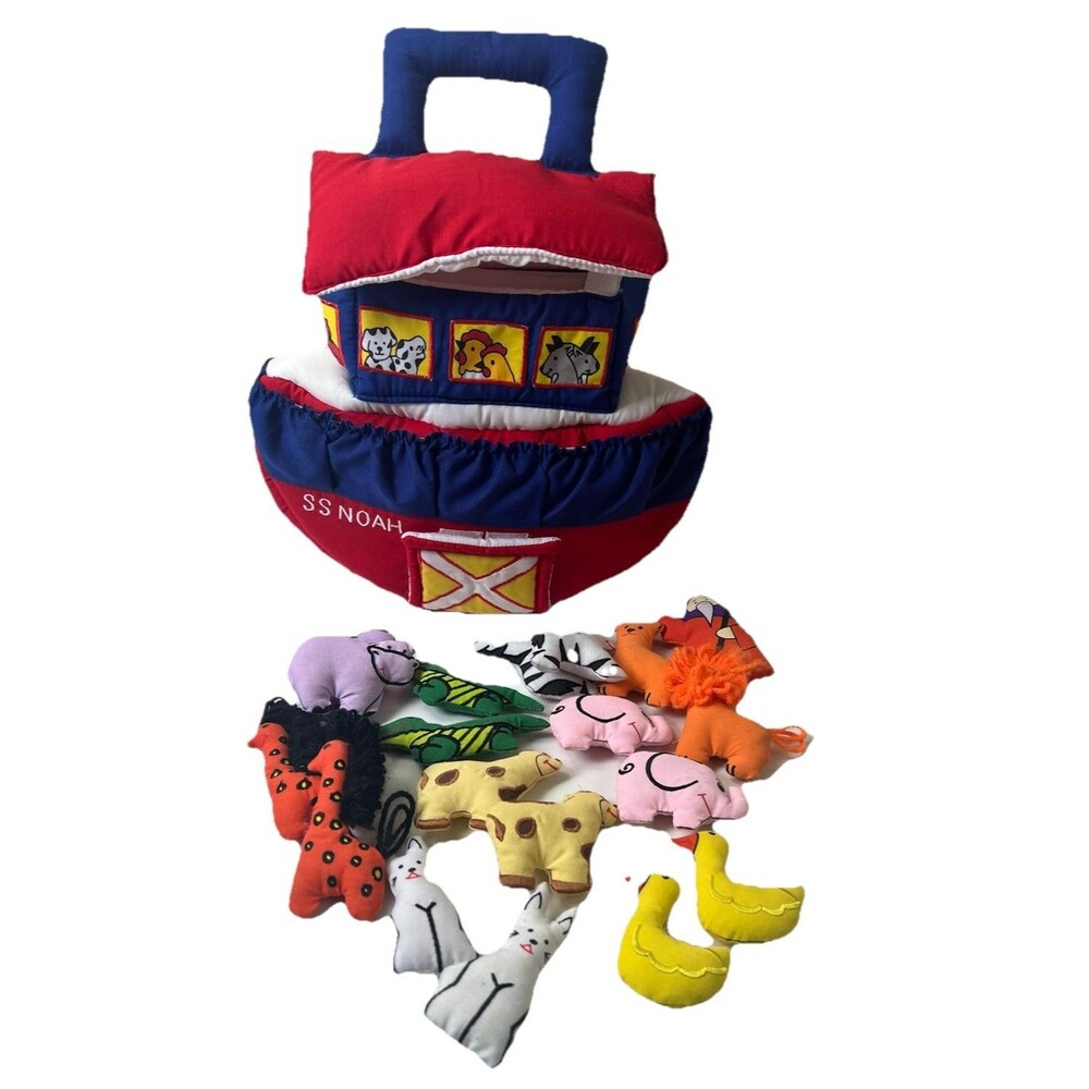 SS Noah Noahs Ark Plush W/ Noah & 16 Animals Pockets Of Learning 1990 Plush Toys